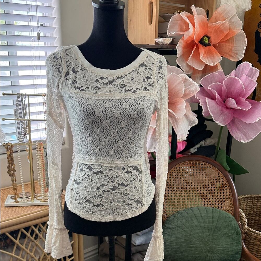 Free People Sugar Swizzle Bell Sleeve Sheer Lace Layering Boho Hippie Top
